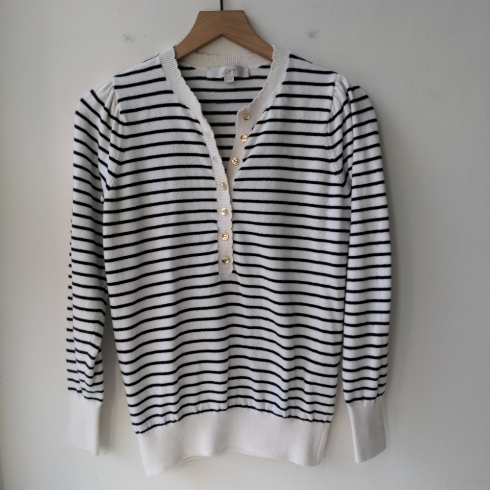 Loft Henley Sweater Black White Stripe Women's Medium